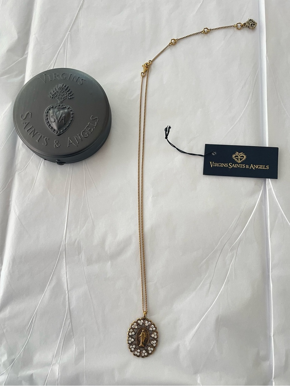 Virgins Saints and Angels Bringing Her Home Necklace Goldtone